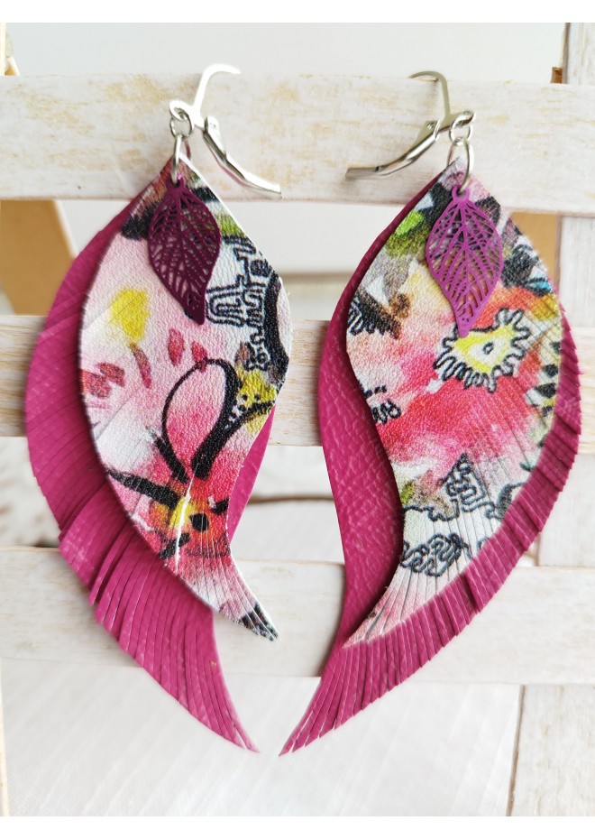 Long feathers earrings genuine leather jewelry  