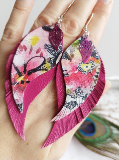Wildflower pink leather wings earrings.