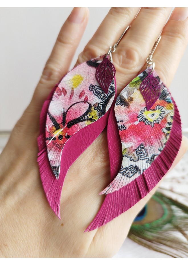 Long feathers earrings genuine leather jewelry  