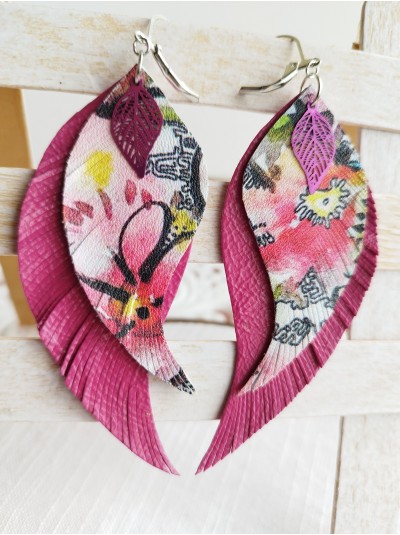 Wildflower pink leather wings earrings.
