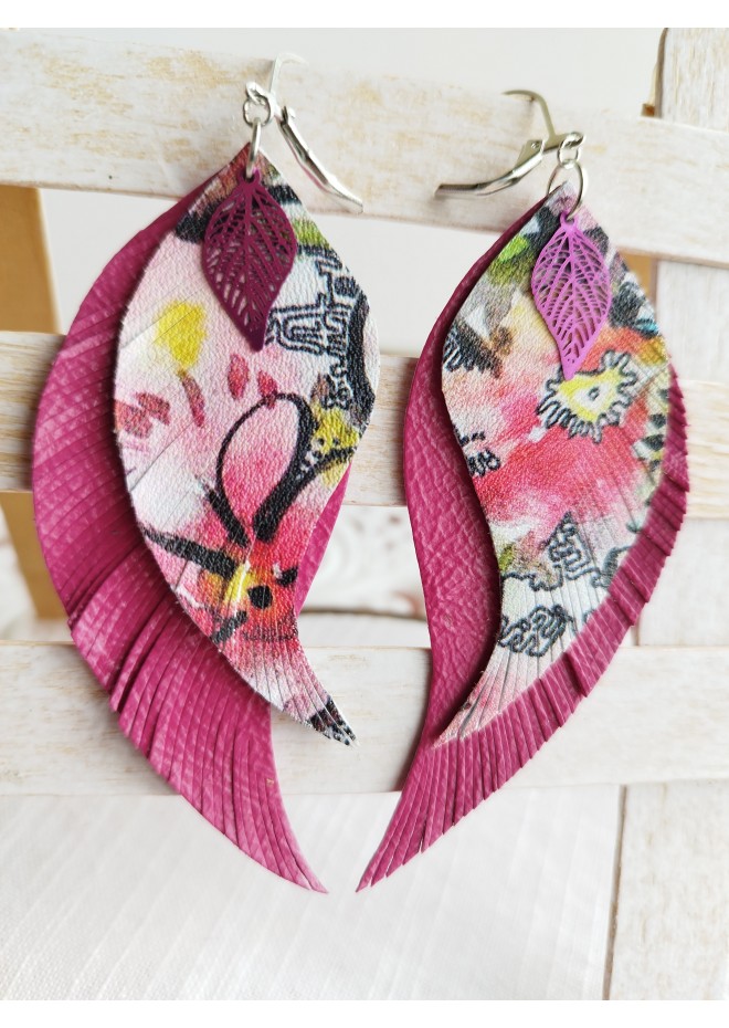 Long feathers earrings genuine leather jewelry  