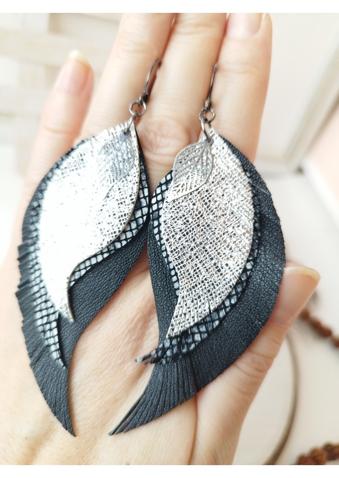 Long feathers earrings genuine leather jewelry  