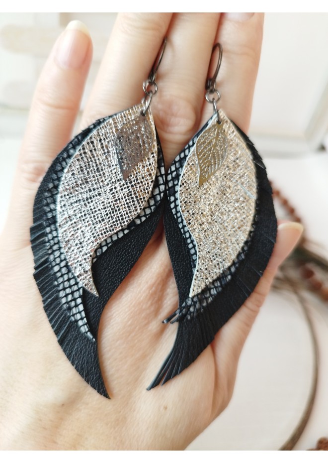 Long feathers earrings genuine leather jewelry  
