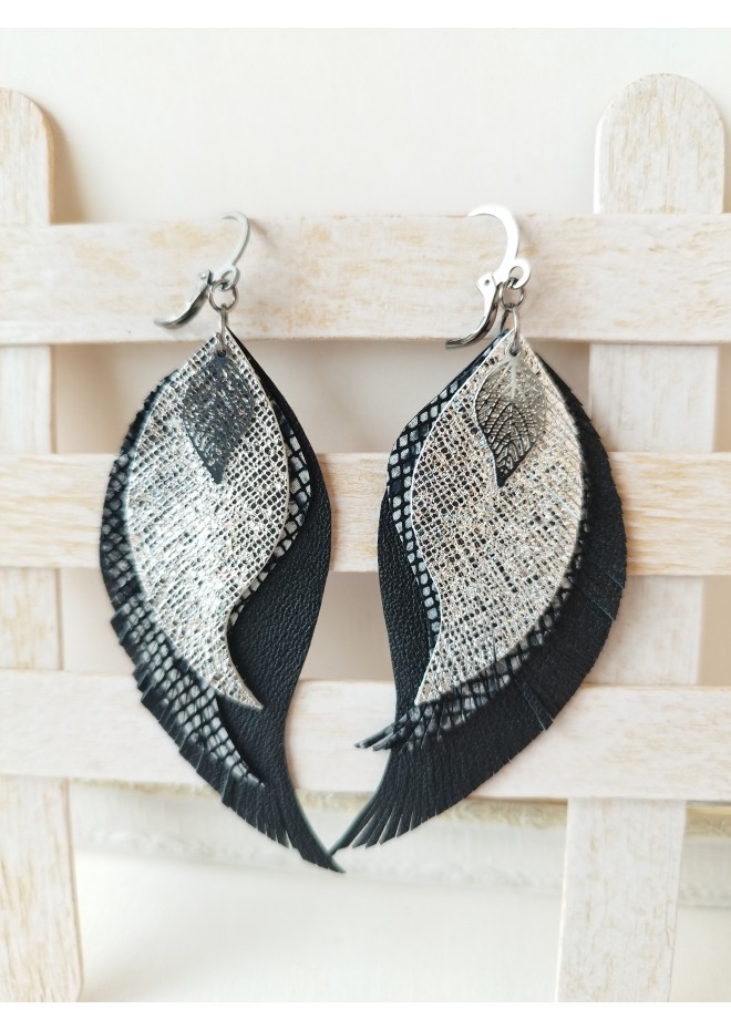 Long feathers earrings genuine leather jewelry  