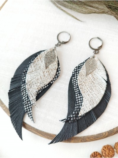 black silver leather wings earrings.