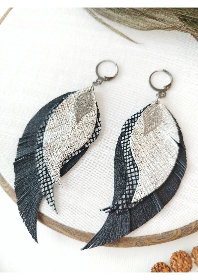 Long feathers earrings genuine leather jewelry  