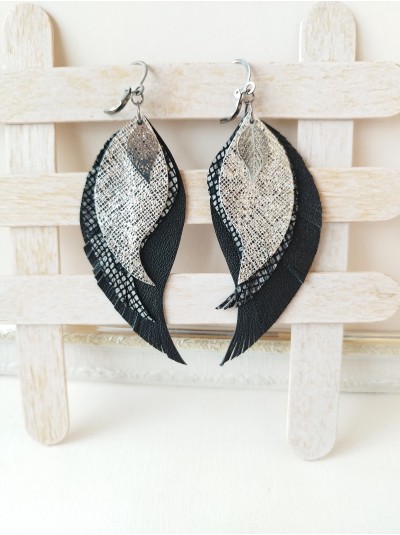 black silver leather wings earrings.
