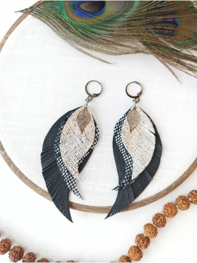 black silver leather wings earrings.