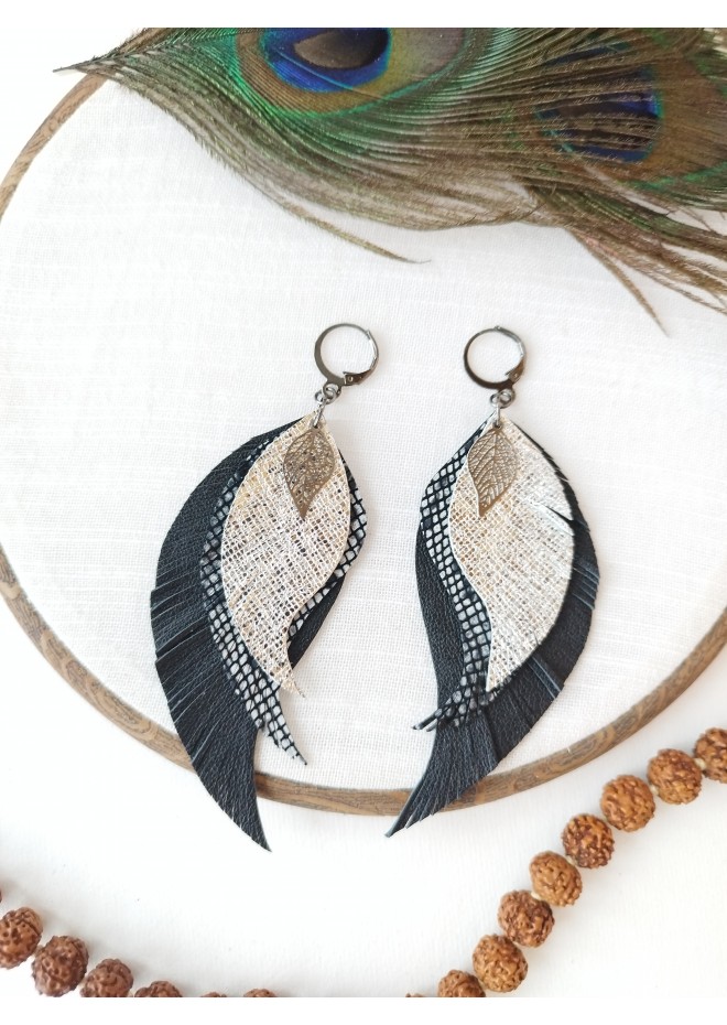 Long feathers earrings genuine leather jewelry  