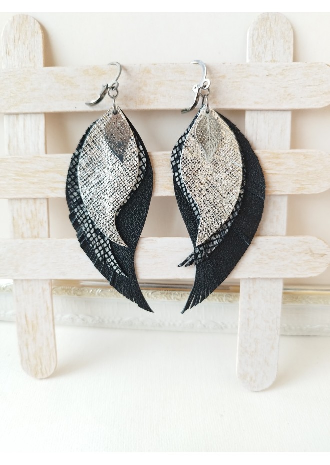 Long feathers earrings genuine leather jewelry  
