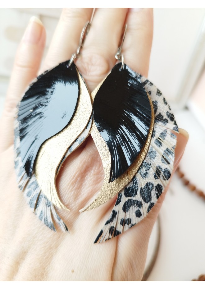 medium feathers earrings genuine leather jewelry  