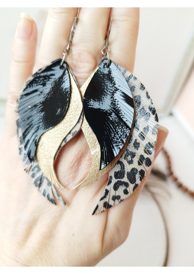 medium feathers earrings genuine leather jewelry  