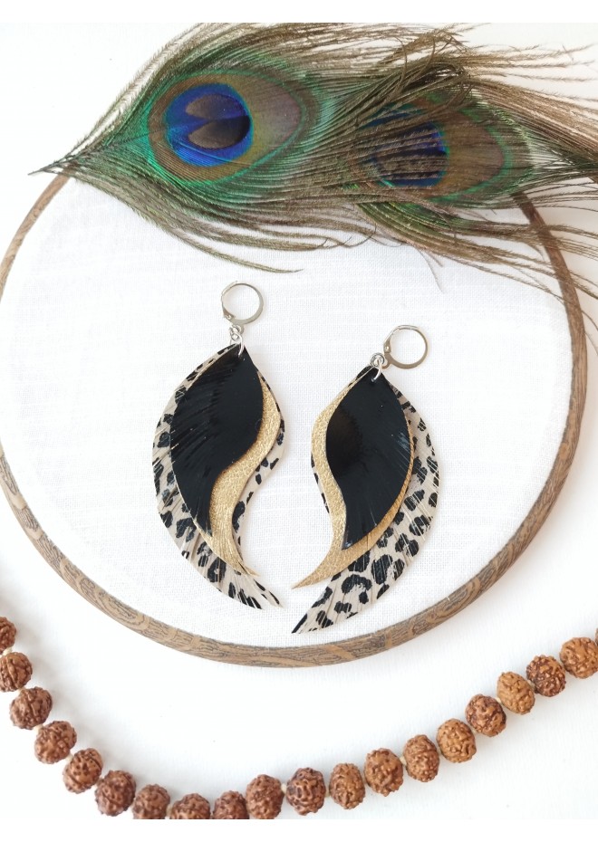 medium feathers earrings genuine leather jewelry  