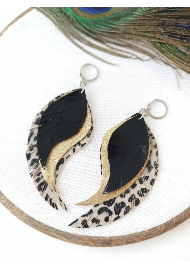 medium feathers earrings genuine leather jewelry  