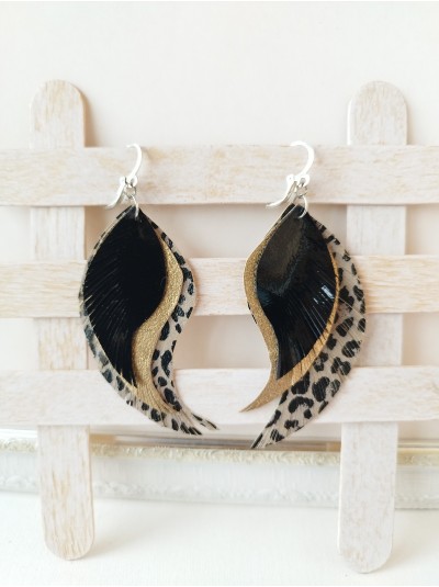 Black gold leopard print leather wings earrings.